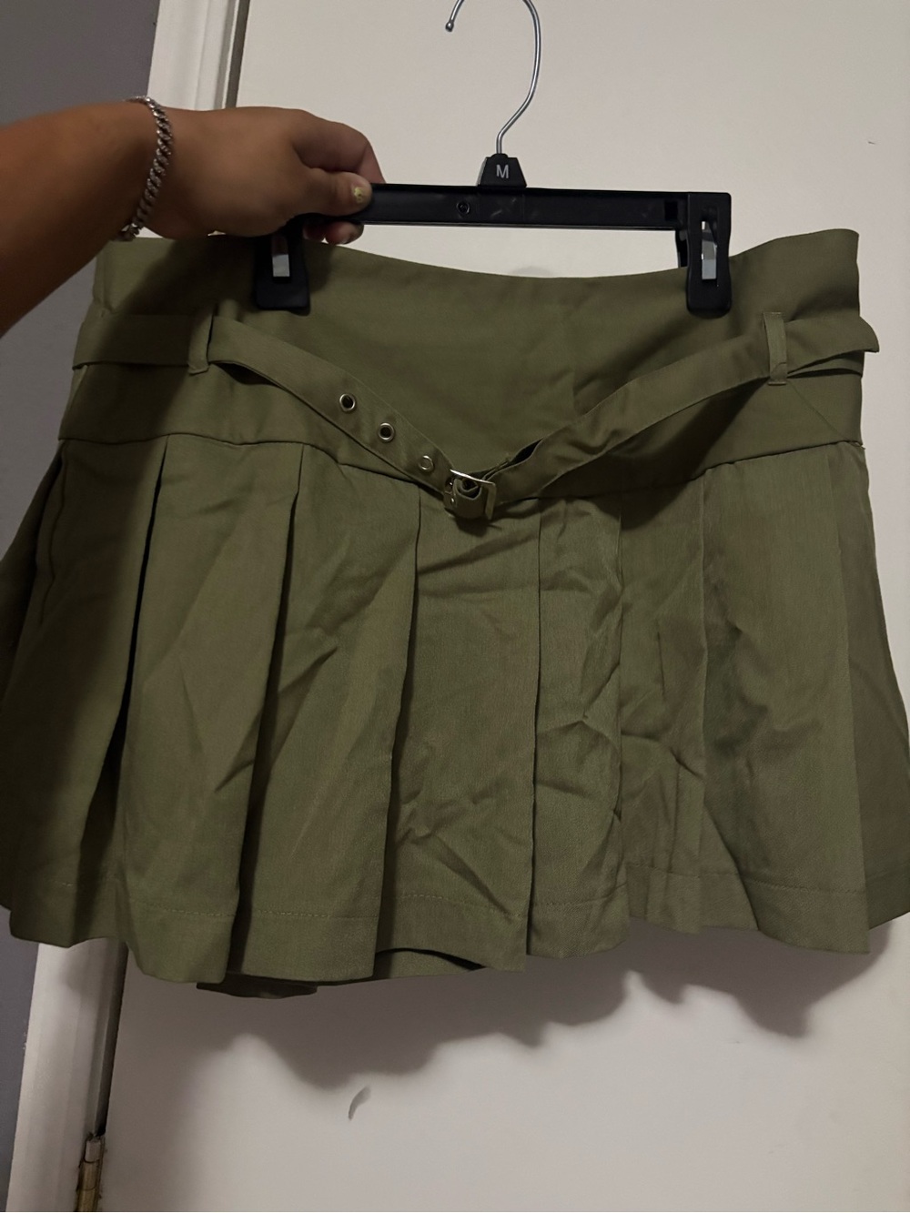 Olive Green Pleated Mini Skirt with Belt
